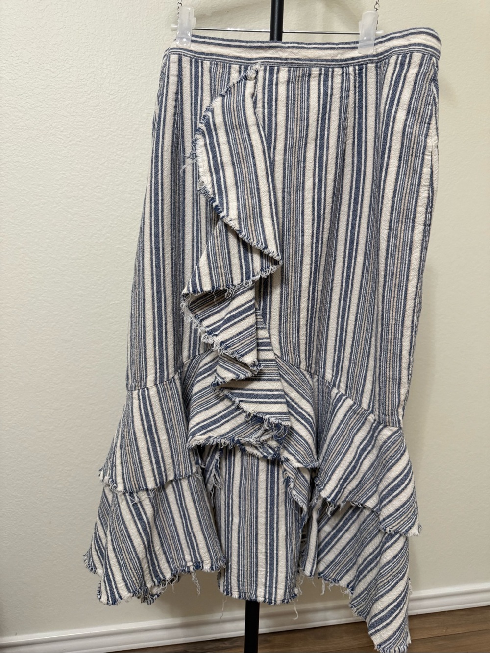 Reba Blue and White Striped Midi Skirt with Ruffle Detail